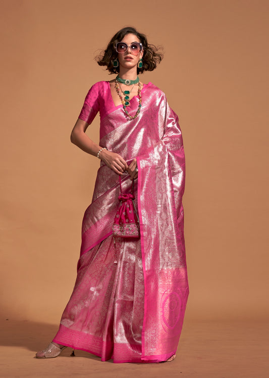 Plus Size Pink Color Kanjivaram Silk Readymade Saree