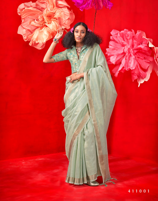 Mint Green Color Silk Readymade/Easy Saree With Fancy Unstitched Blouse