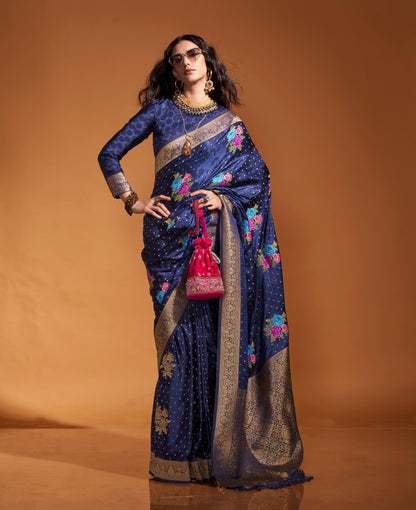 Navy Blue Color Satin Silk Readymade/Easy Saree