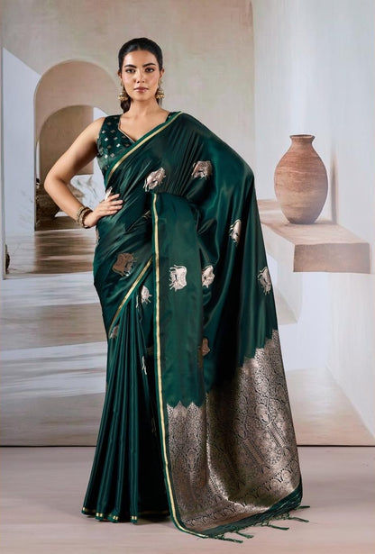 Bottle Green Satin Silk Readymade/Easy Saree