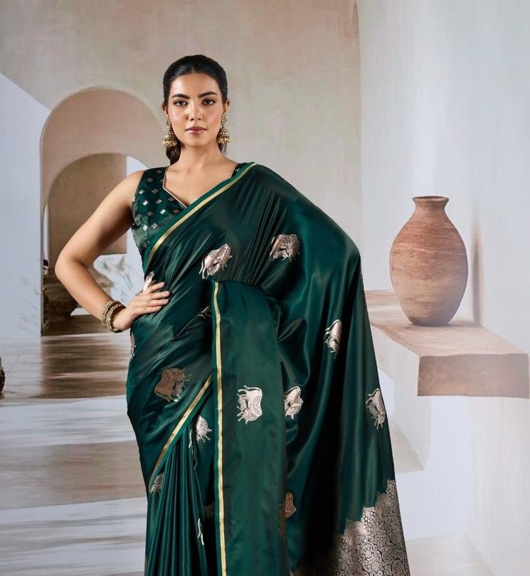 Bottle Green Satin Silk Readymade/Easy Saree