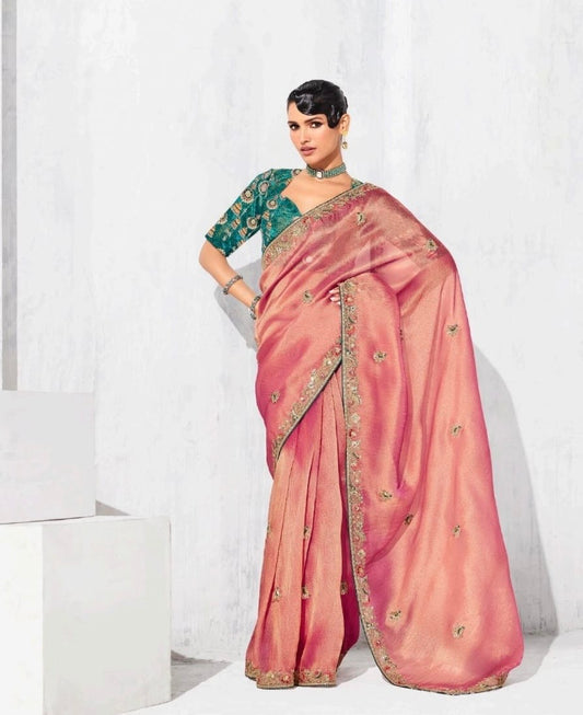 Light Pink Tissue Silk Readymade/Easy Saree