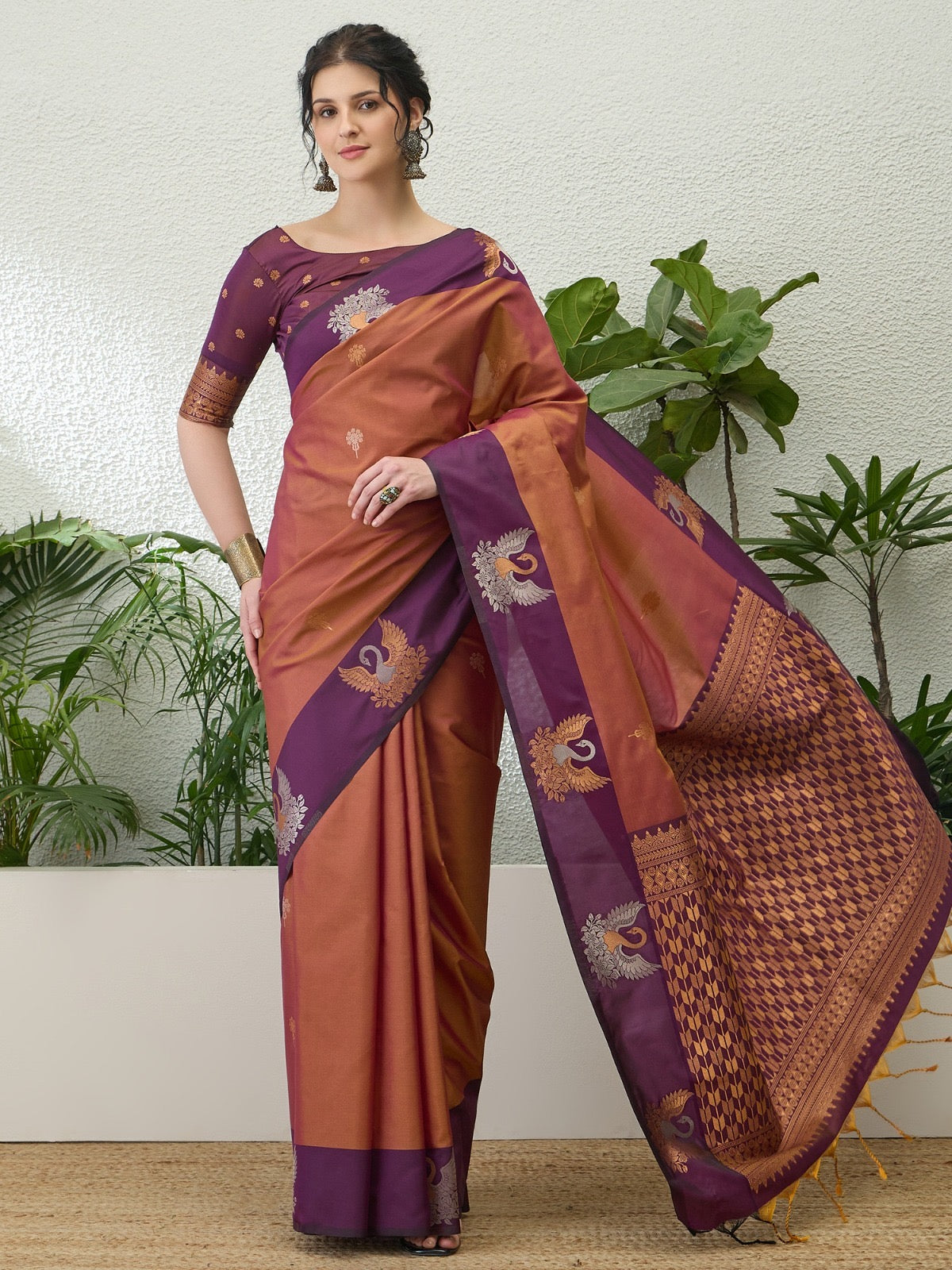 Copper Orange Readymade/Easy Kanjivaram Saree - Panaash Saree