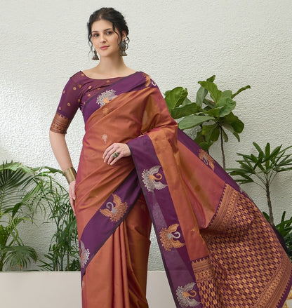 Copper Orange Readymade/Easy Kanjivaram Saree - Panaash Saree