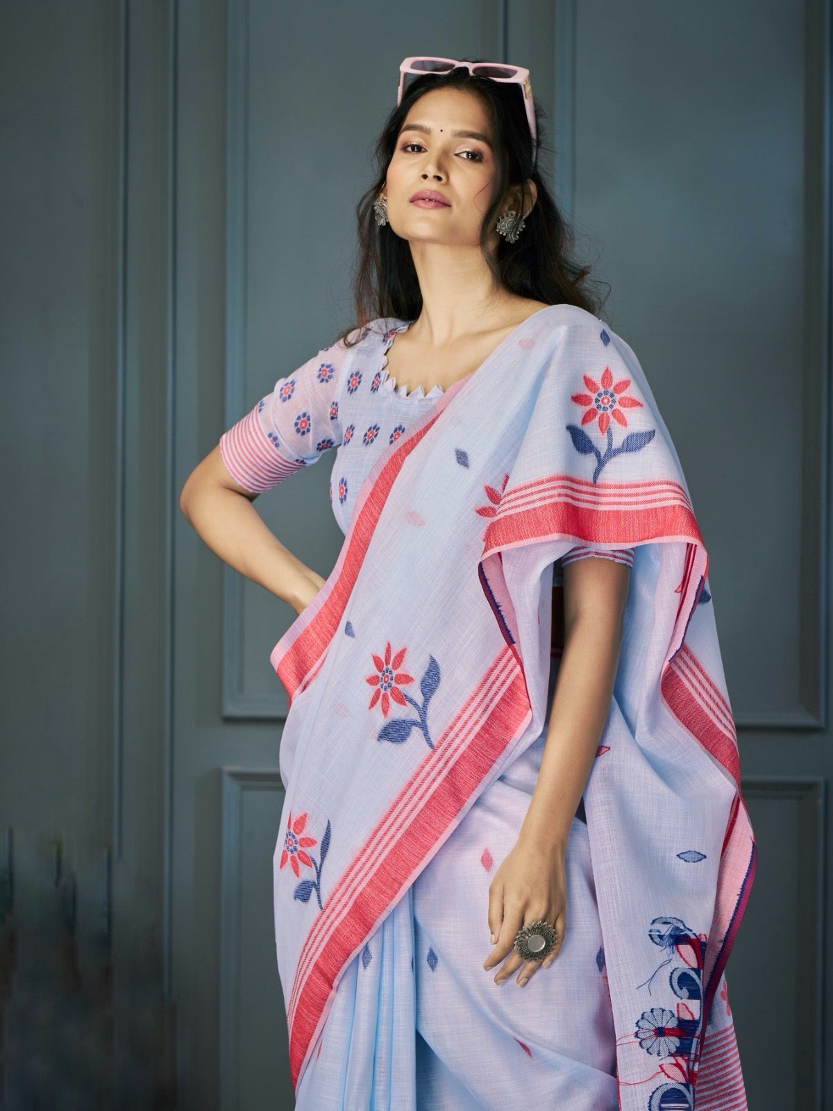 Powder Blue Color Resham Woven Cotton Office Wear Easy/Readymade Saree