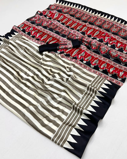 Black Stripe Crepe Silk Readymade/Easy Saree