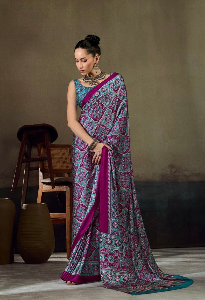 Magenta teal patterned ready-to-wear saree with decorative border drape