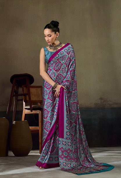 Magenta teal patterned ready-to-wear saree with decorative border drape