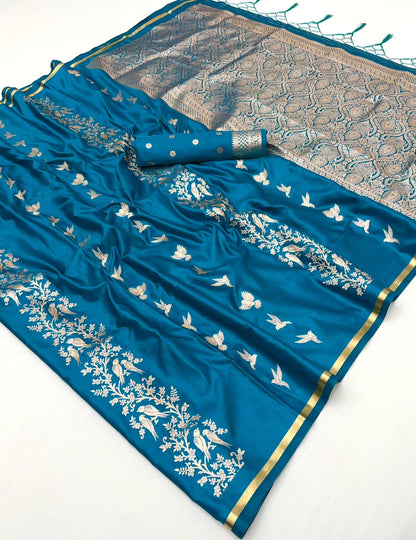 Peacock Blue Satin Silk Readymade/Easy Saree - Panaash Saree