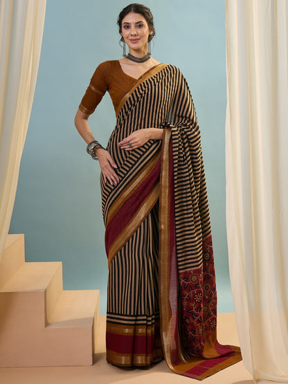 Maroon Striped Mul Cotton Ready To Wear/Easy Saree