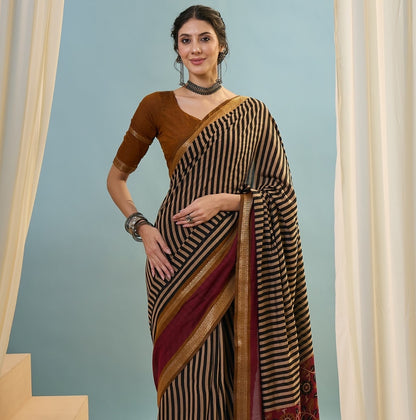 Maroon Striped Mul Cotton Ready To Wear/Easy Saree