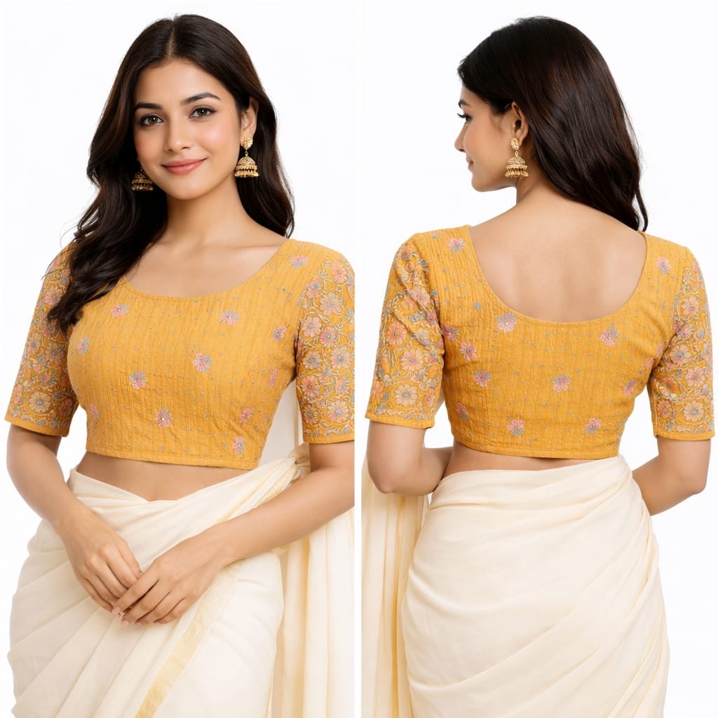 Cream Stretchable Embroidered Blouse - Panaash Saree