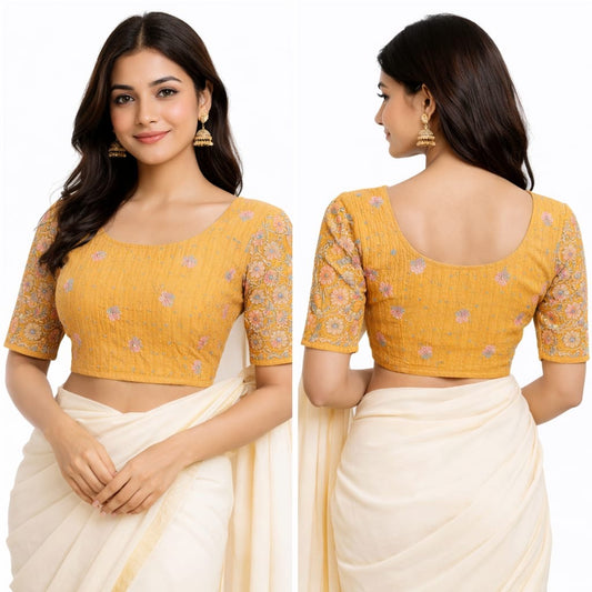 Cream Stretchable Embroidered Blouse - Panaash Saree