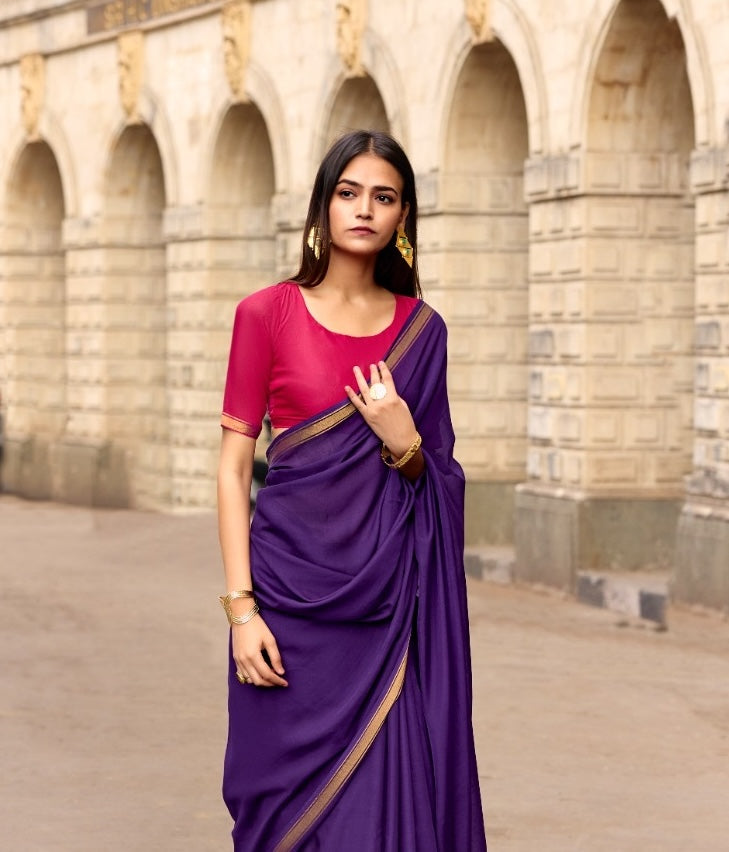 Purple Mul Cotton Ready To Wear/Easy Saree