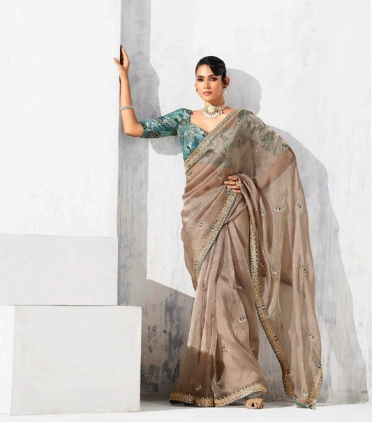 Light Golden Tissue Silk Readymade/Easy Saree