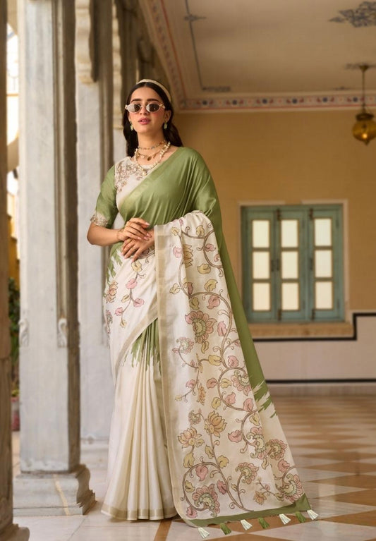 Leaf Green Raw Silk Readymade/Easy Saree