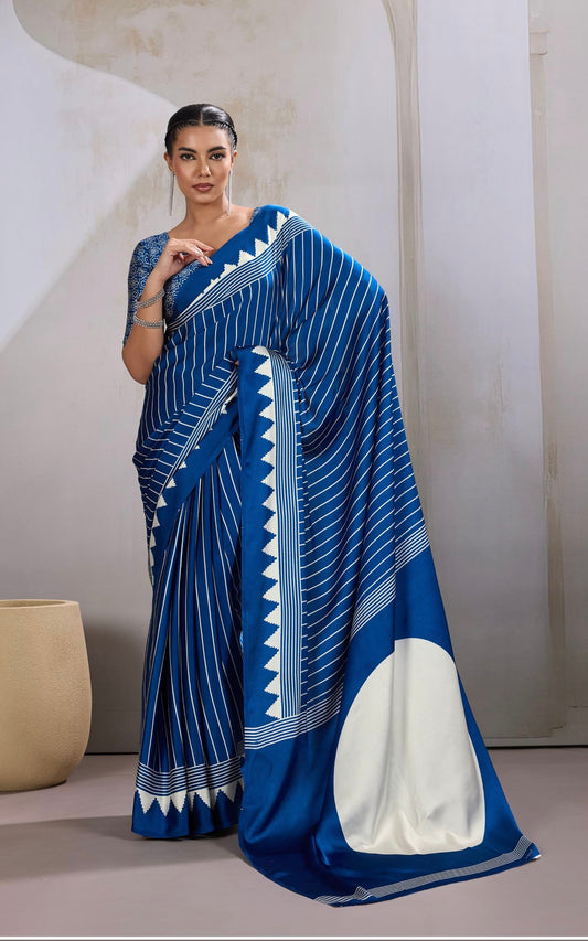 Dark Blue Crepe Silk Readymade Saree