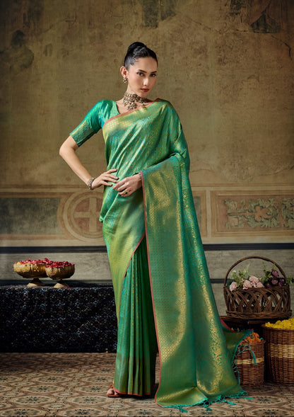 Sea Green Kanjivaram Silk Ready To Wear/Easy Saree by Stylebypanaash