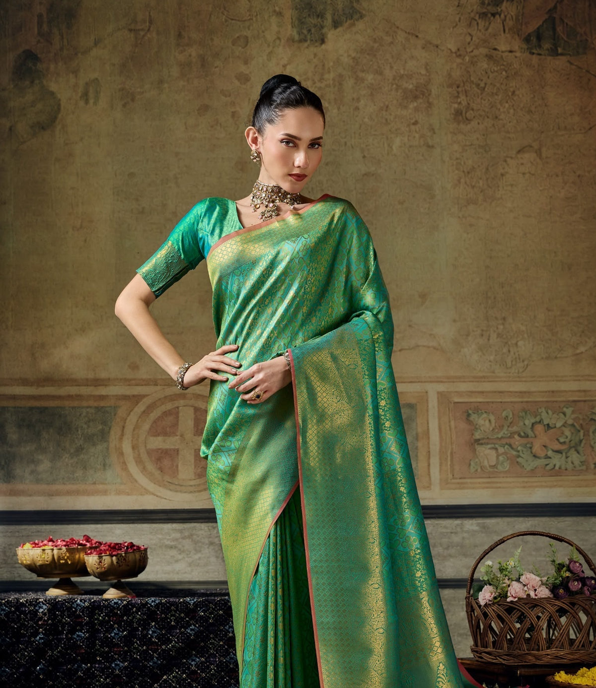 Sea Green Kanjivaram Silk Ready To Wear/Easy Saree by Stylebypanaash
