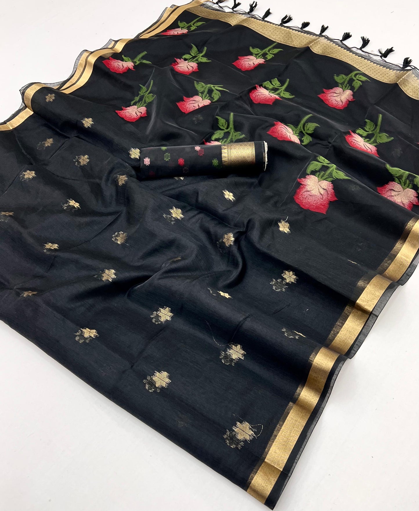 Black Cotton Readymade/Easy Saree