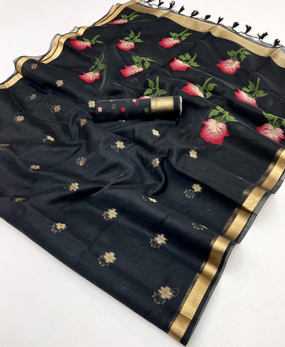 Black Cotton Readymade/Easy Saree