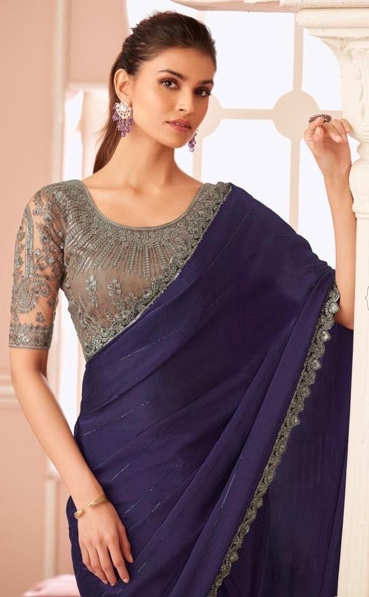 Blue Cocktail Readymade Saree With Designer Blouse