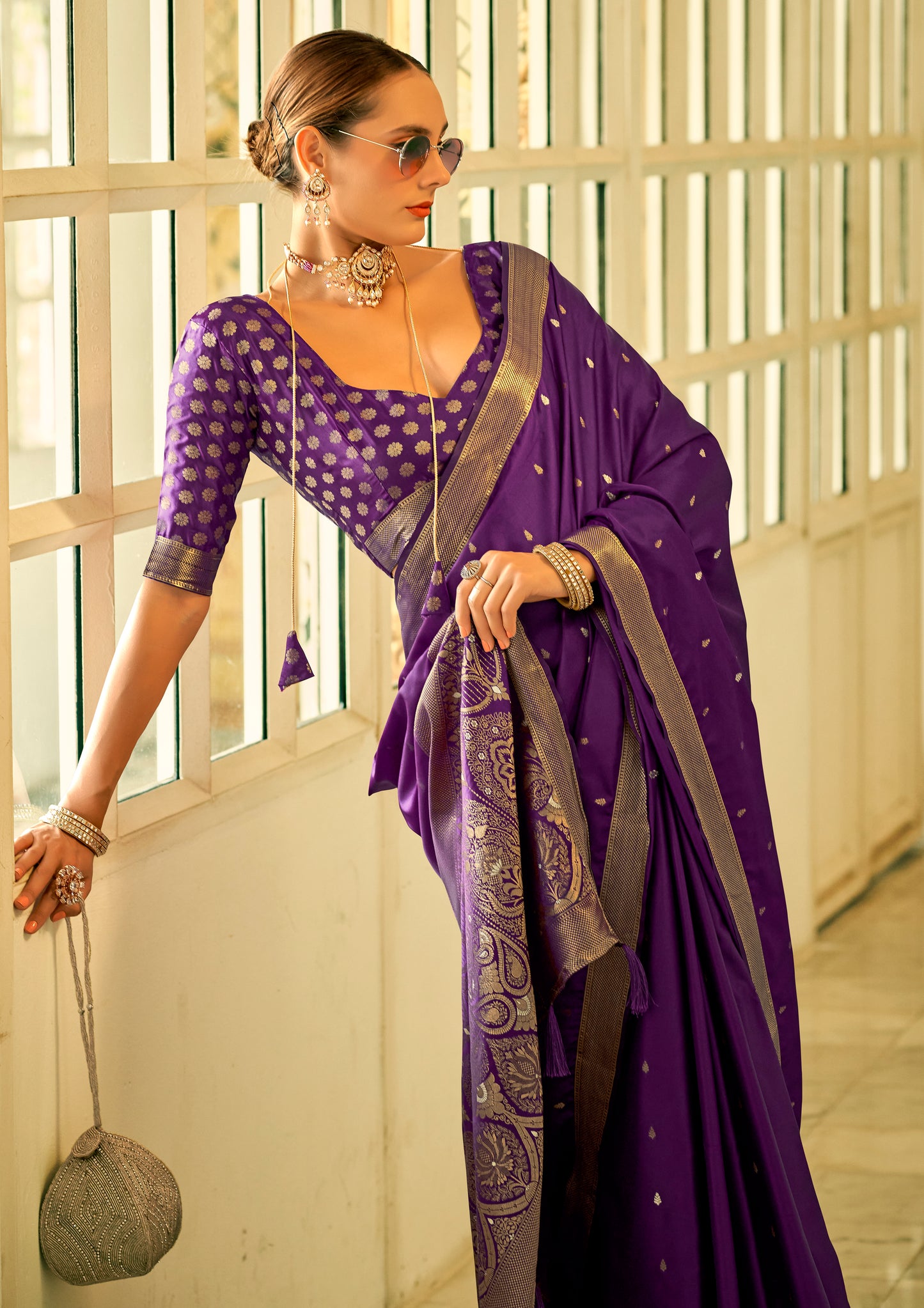 Purple Satin Silk Readymade Saree