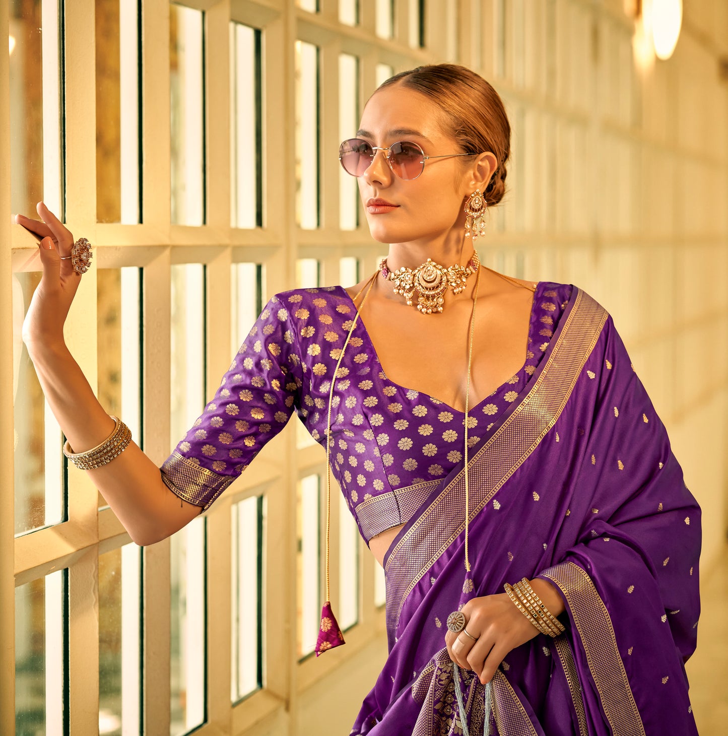 Purple Satin Silk Readymade Saree