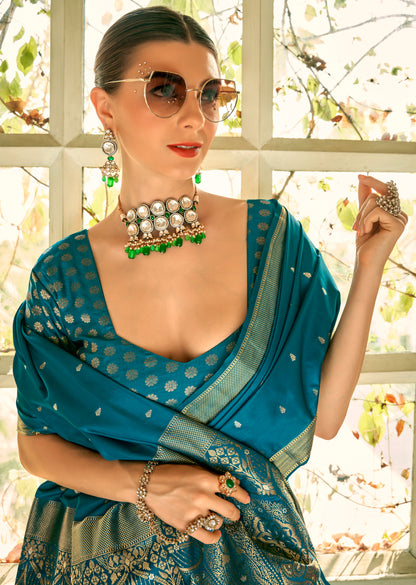 Turquoise Satin Silk Readymade Saree