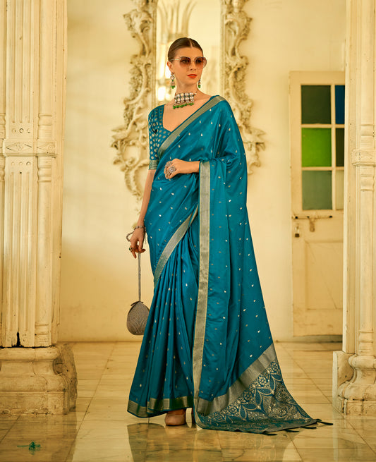 Turquoise Satin Silk Readymade Saree