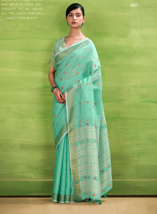 Green Linen Easy/Readymade Saree