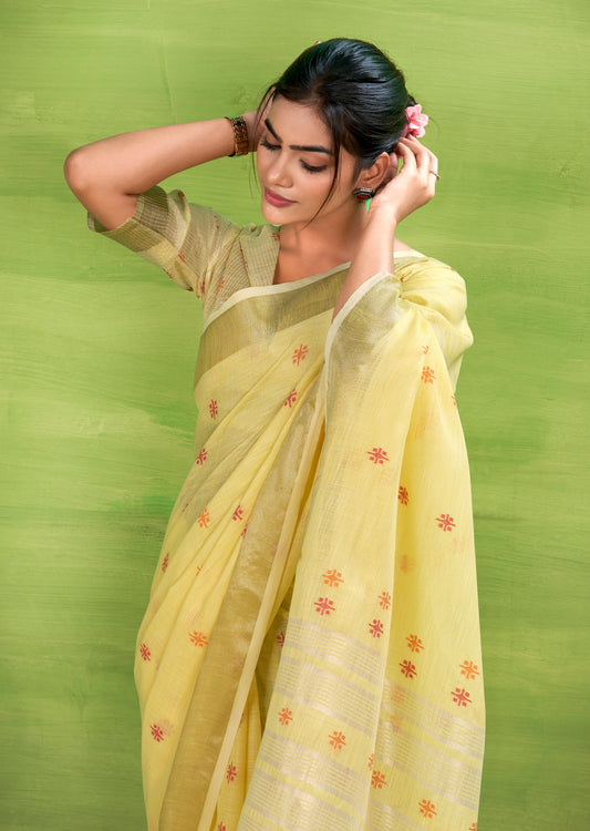 Yellow Linen Easy/Readymade Saree