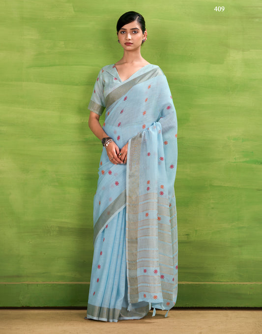 Sky Blue Linen Easy/Readymade Saree