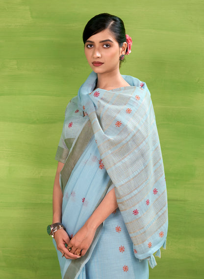 Sky Blue Linen Easy/Readymade Saree