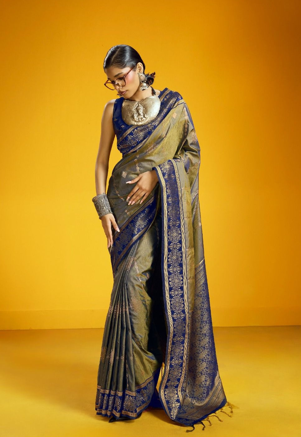 Metallic Taupe Kanjivaram Silk Ready To Wear/Easy Saree - Panaash Saree