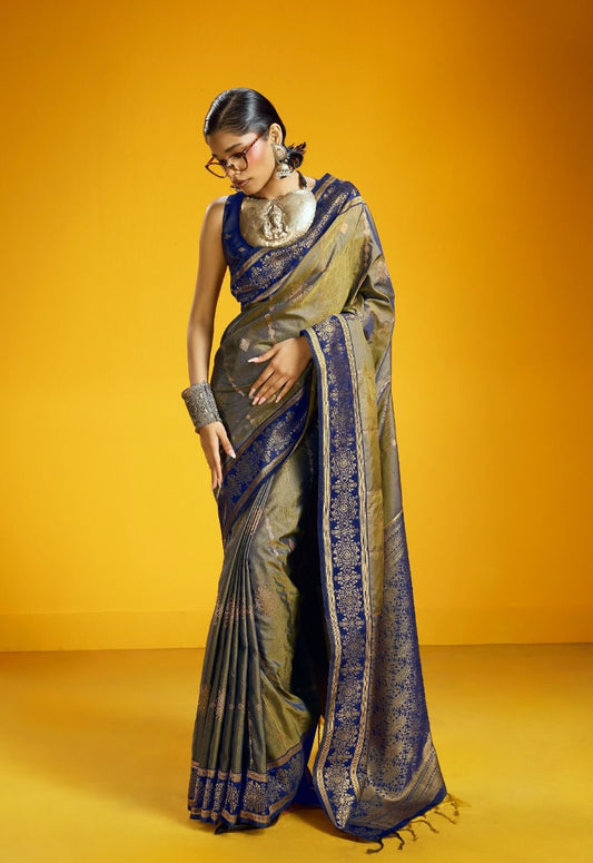 Metallic Taupe Kanjivaram Silk Ready To Wear/Easy Saree - Panaash Saree