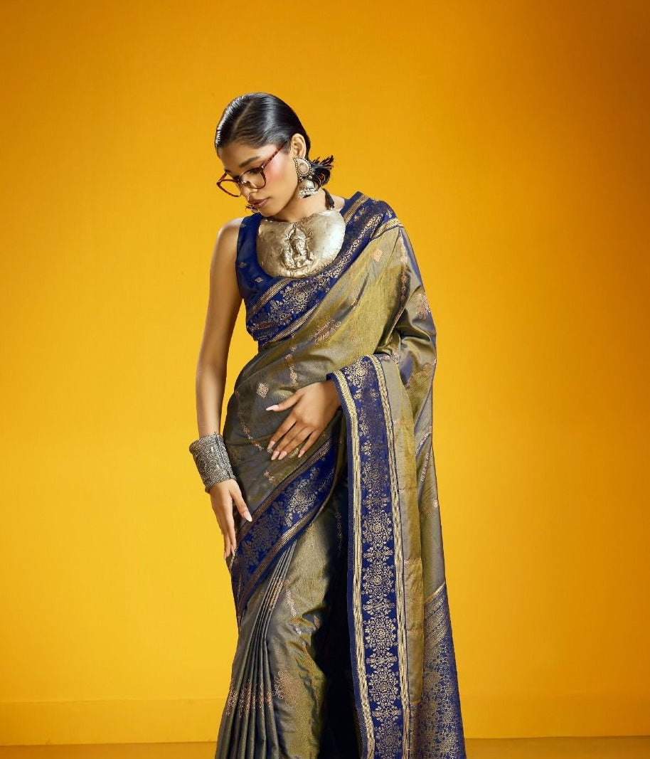 Metallic Taupe Kanjivaram Silk Ready To Wear/Easy Saree - Panaash Saree