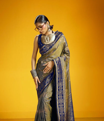 Metallic Taupe Kanjivaram Silk Ready To Wear/Easy Saree - Panaash Saree