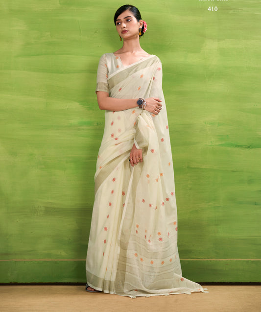 Off-White Linen Easy/Readymade Saree