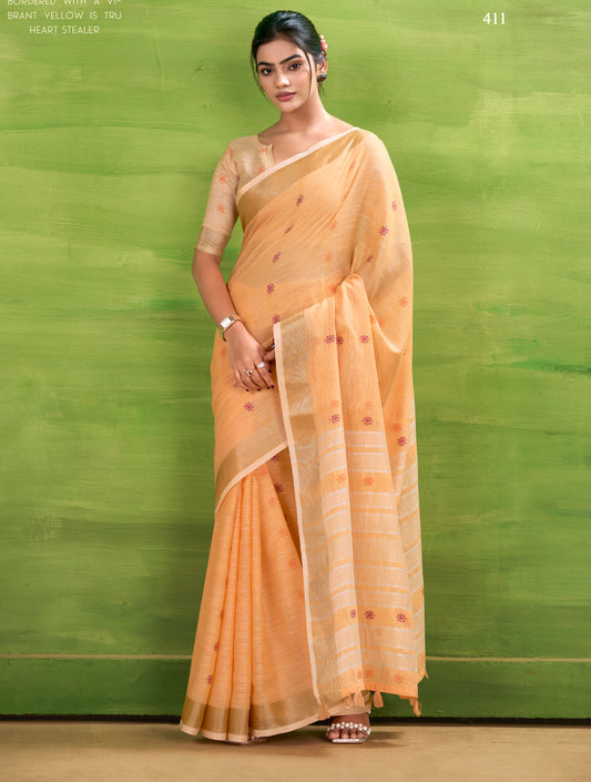 Pastel Orange Linen Easy/Readymade Saree