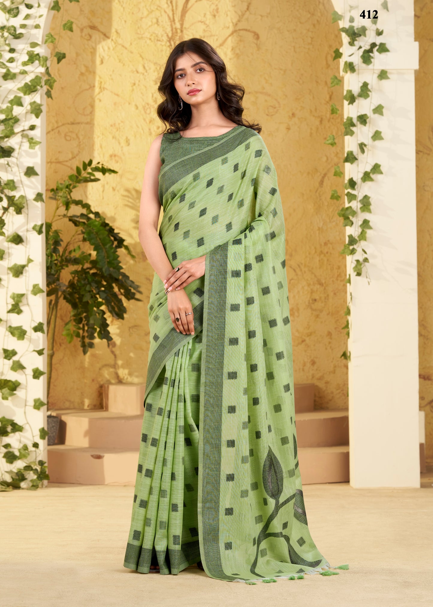 Mint green Checks Linen Office Wear Easy/Readymade Saree