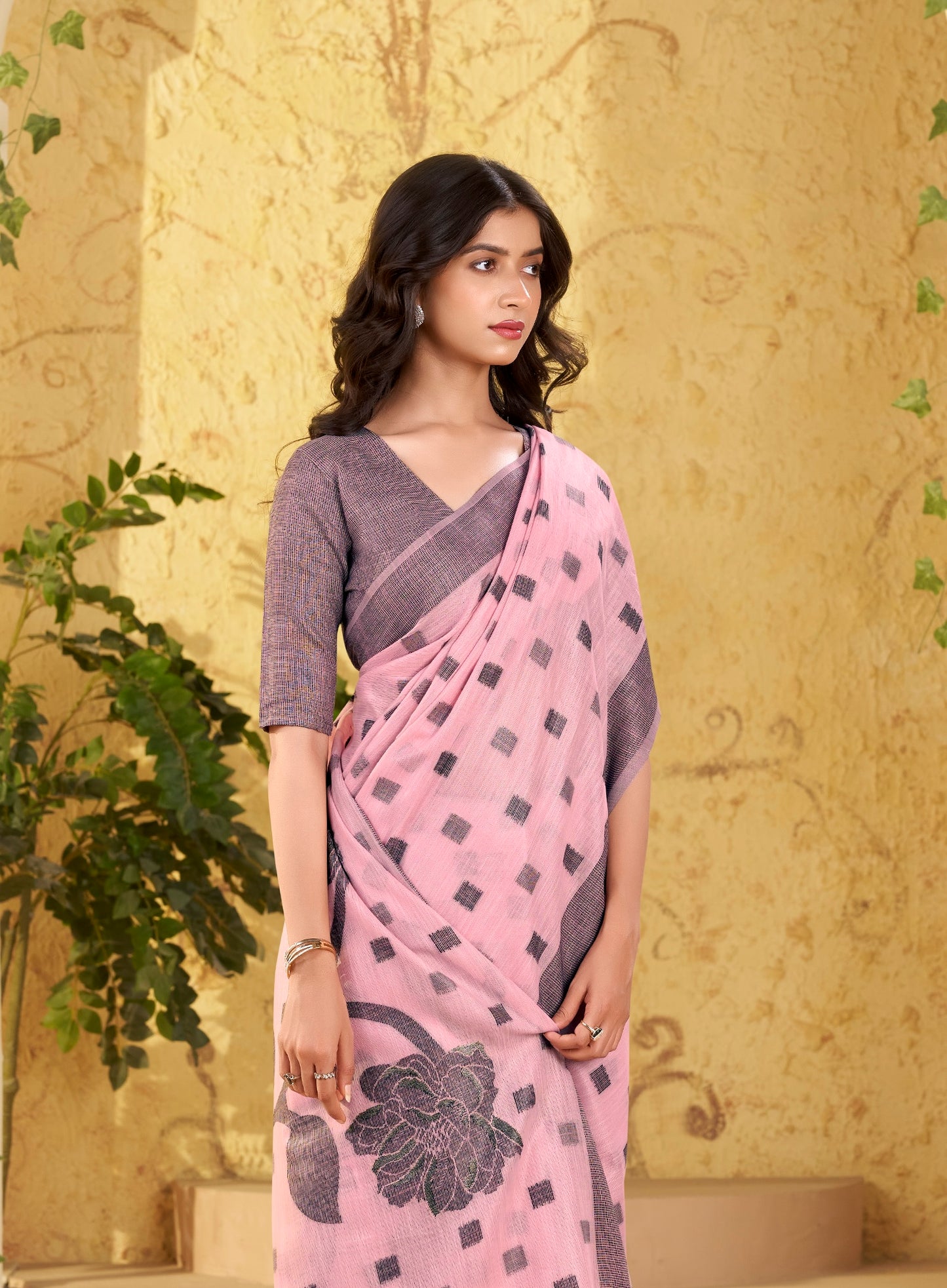 Pink Checks Linen Office Wear Easy/Readymade Saree