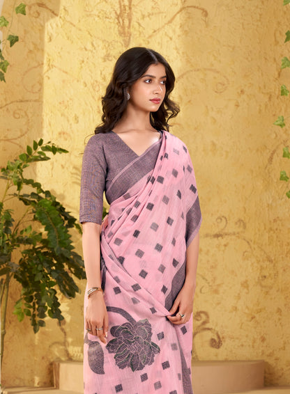 Pink Checks Linen Office Wear Easy/Readymade Saree