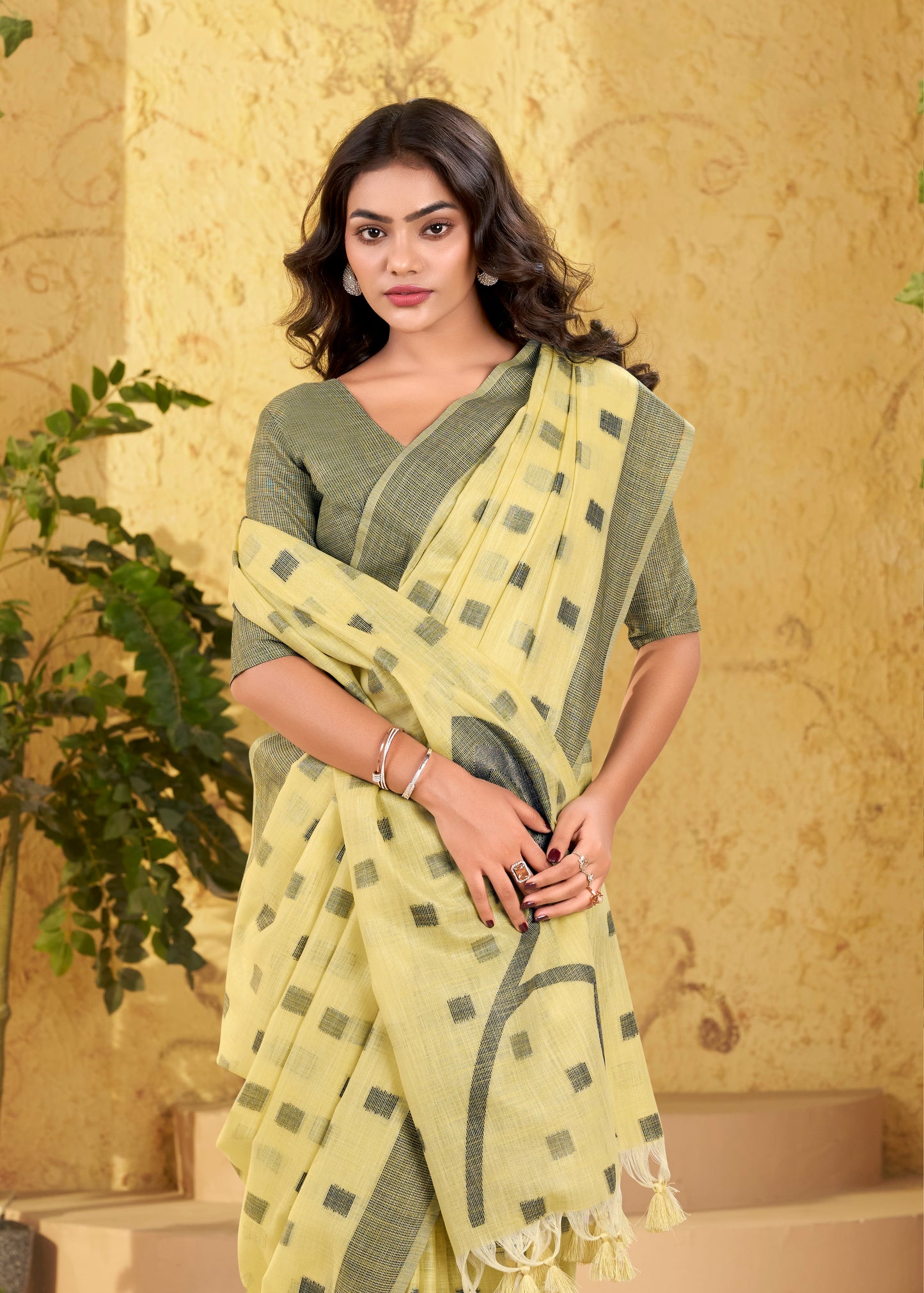 Pista Beige Checks Linen Office Wear Easy/Readymade Saree
