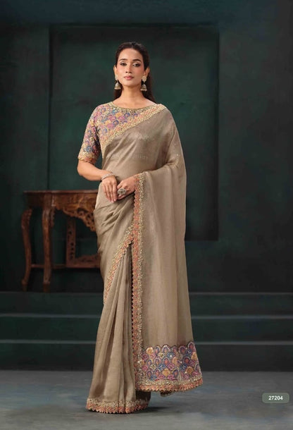 Taupe ready-to-wear saree with a pre-stitched embroidered blouse and ornate multicolor borders