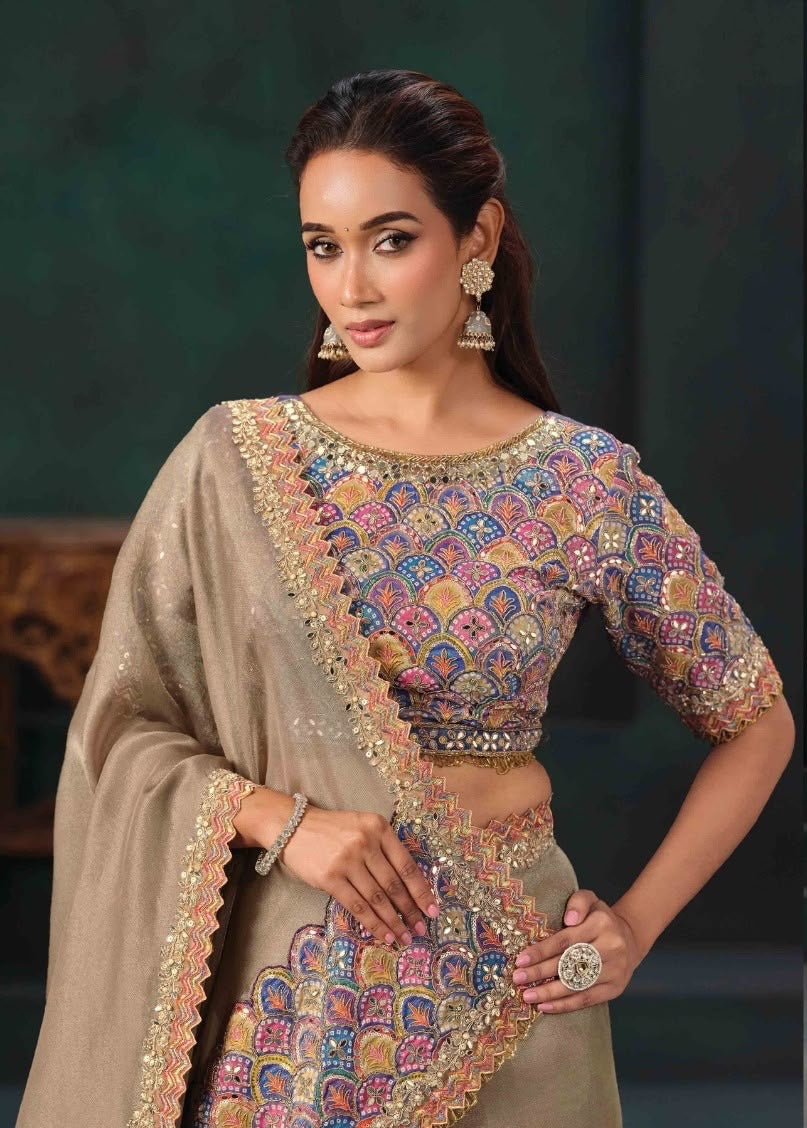 Taupe saree with pre-stitched short-sleeve blouse, multicolor embroidery and embellished drape border