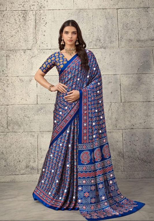 Royal blue printed sari with contrasting border and pallu, draped ready-to-wear