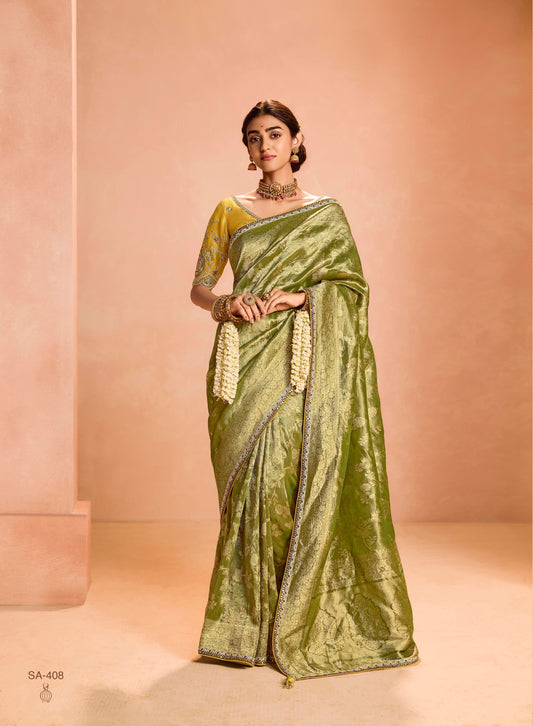 Mehendi Color Designer Kanjivaram Silk Readymade/Easy Saree With Desiger Blouse Piece