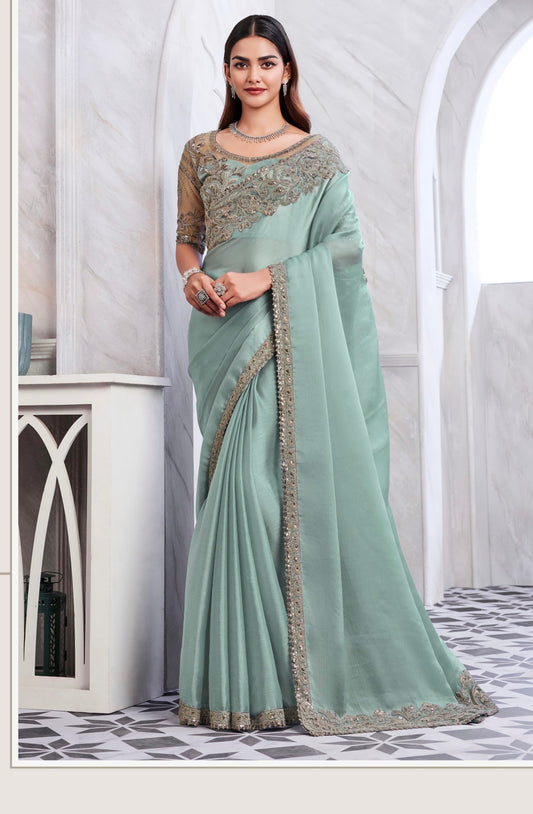 Mint Color Cocktail Readymade Saree