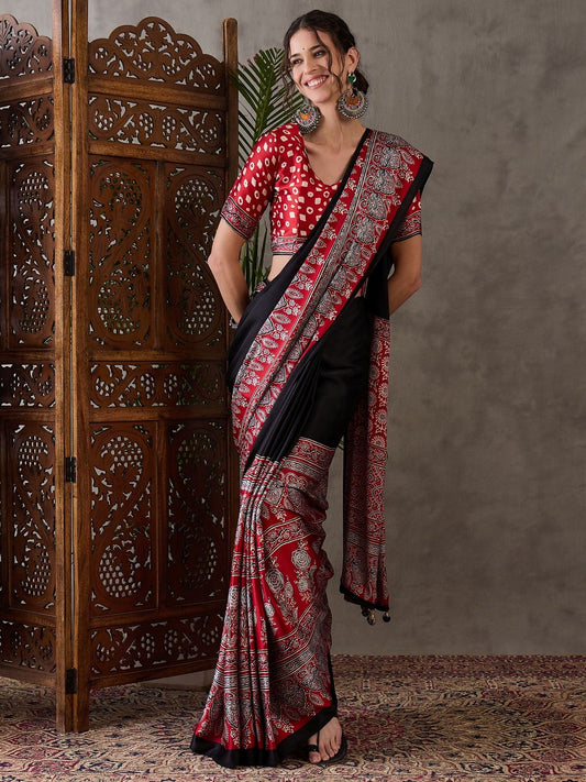 Black and red Crepe Silk Readymade/Easy Saree